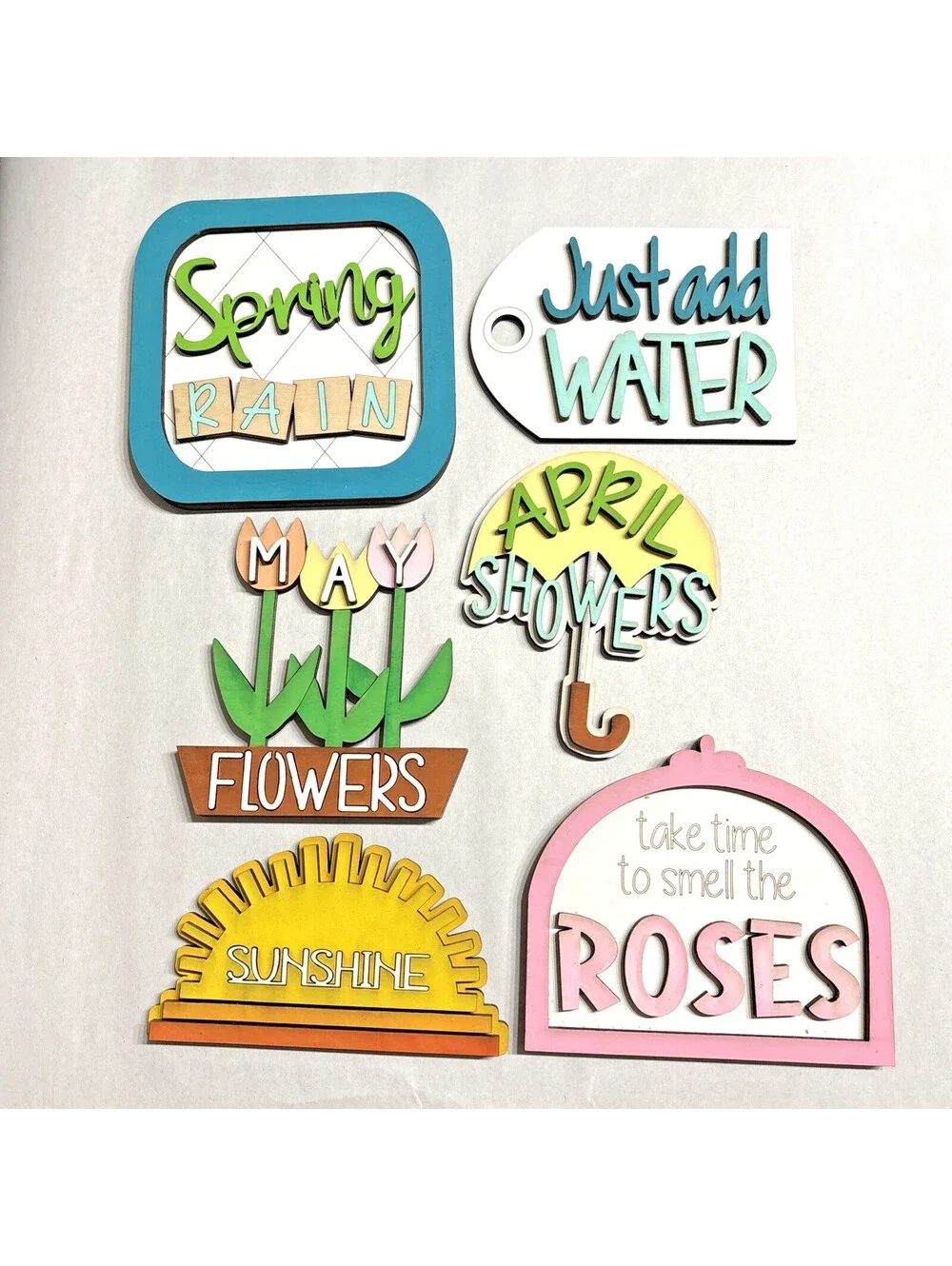 Lot of 6 pcs Hello Spring, May Flowers Tier Tray Set approx. 5” wooden signs